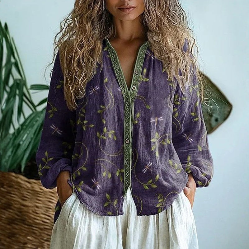 Cerynne | Women's Vintage Floral V Neck Long Sleeve Blouse