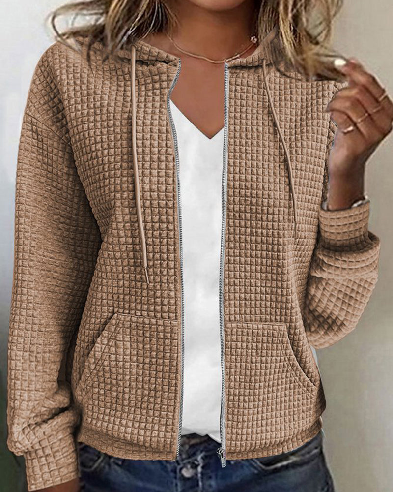 Virelle | Textured Zip Up Hooded Long Sleeve Hoodie