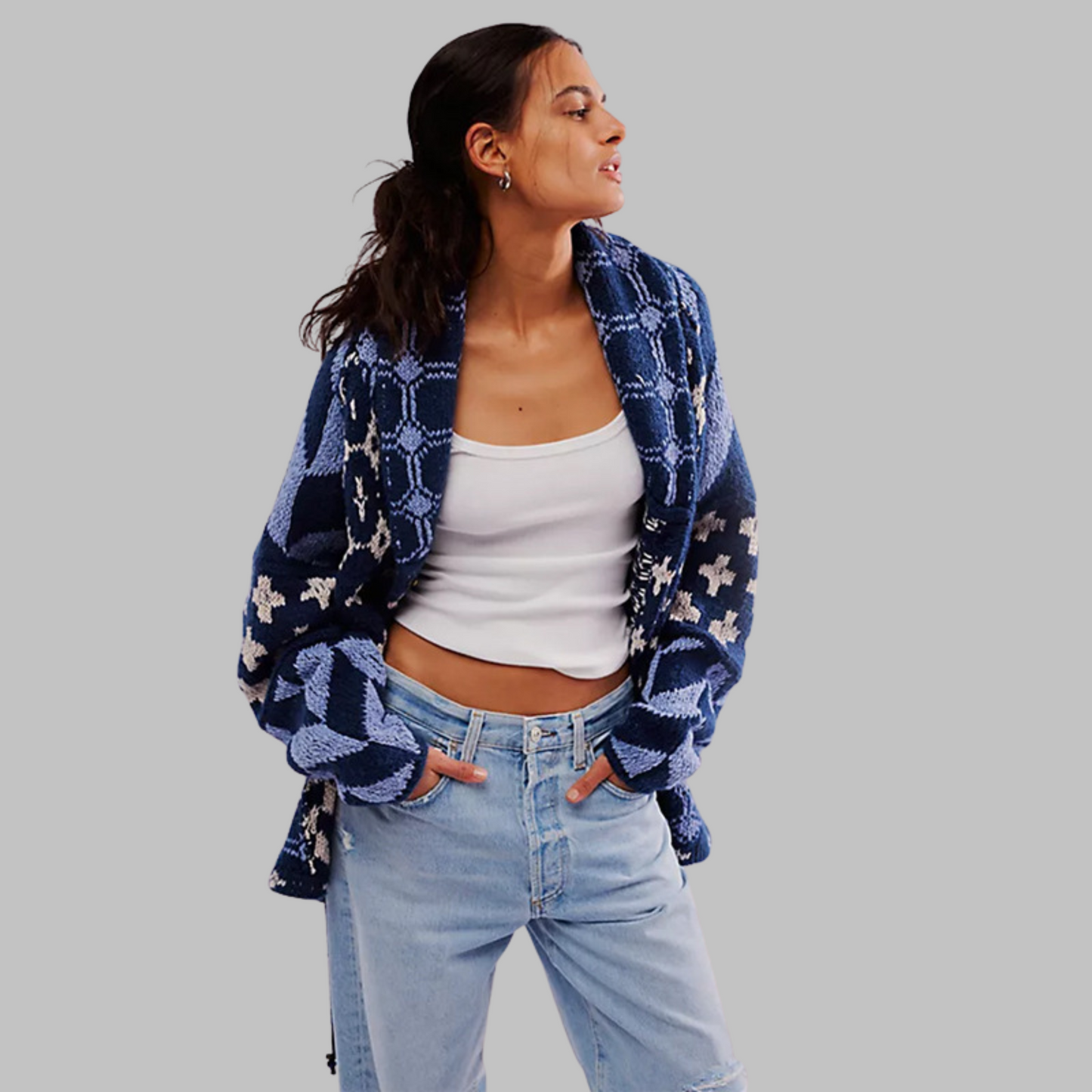 Vintage button-down collar oversized cardigan for women | Portia -7