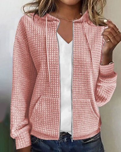 Virelle | Textured Zip Up Hooded Long Sleeve Hoodie