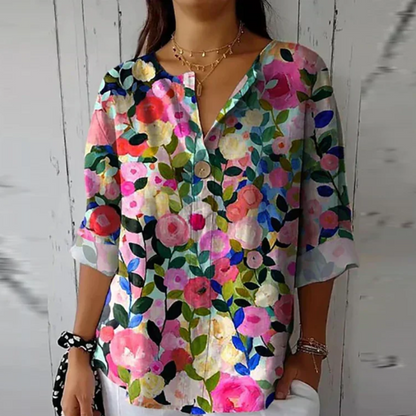 Maevra | Women's Floral Print V Neck Short Sleeve Blouse
