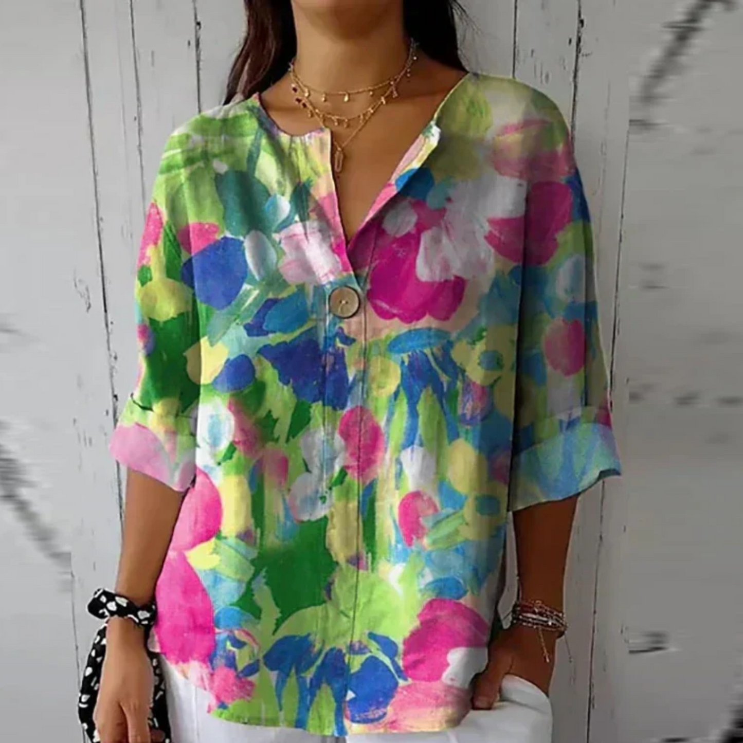 Maevra | Women's Floral Print V Neck Short Sleeve Blouse