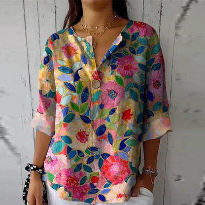 Maevra | Women's Floral Print V Neck Short Sleeve Blouse