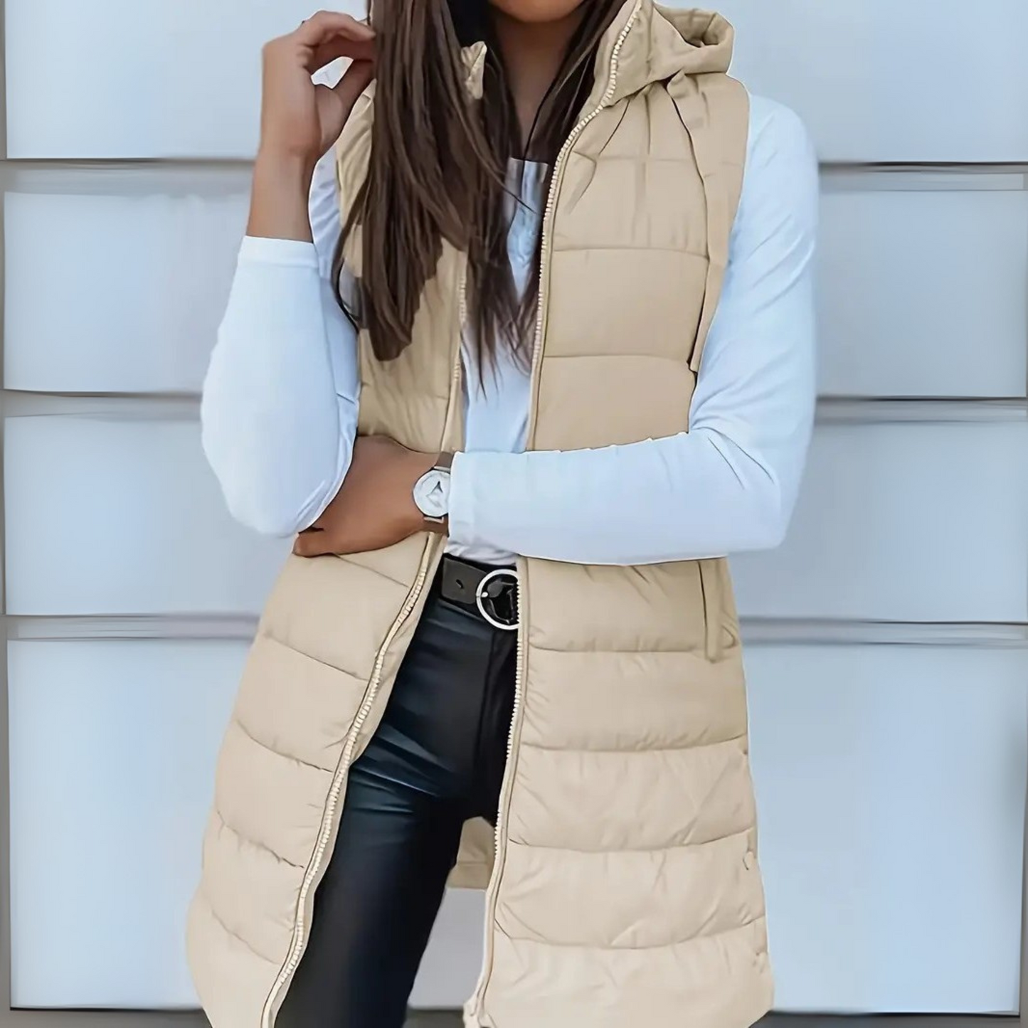 Casual sleeveless hooded long puffer vest for women | Rain -3