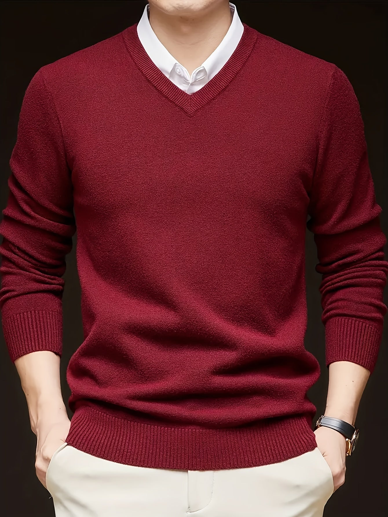Varell | Men's V Neck Ribbed Trim Knit Sweater