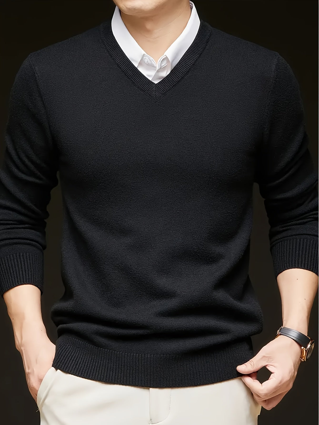 Varell | Men's V Neck Ribbed Trim Knit Sweater