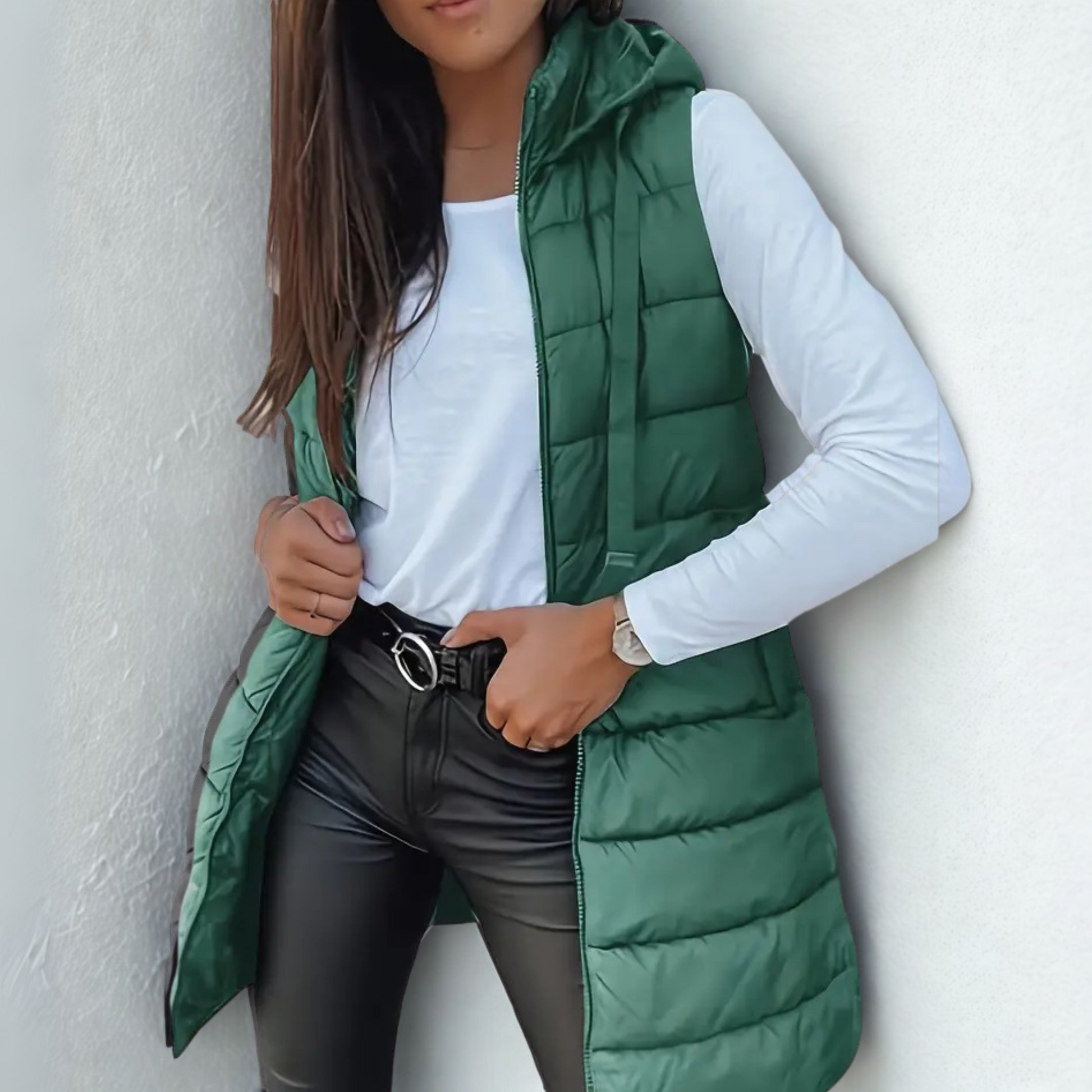 Casual sleeveless hooded long puffer vest for women | Rain -6