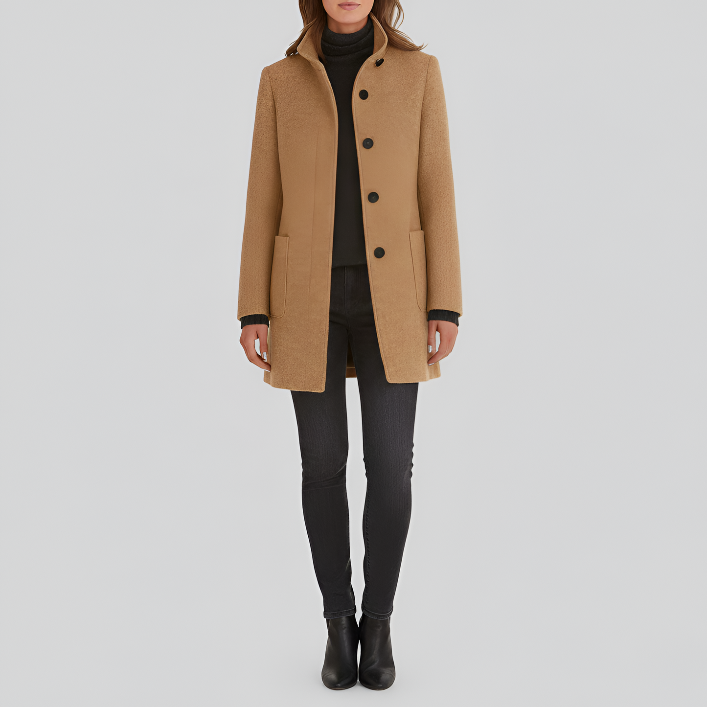 Elegant button-front coat with high collar for women | Valerios