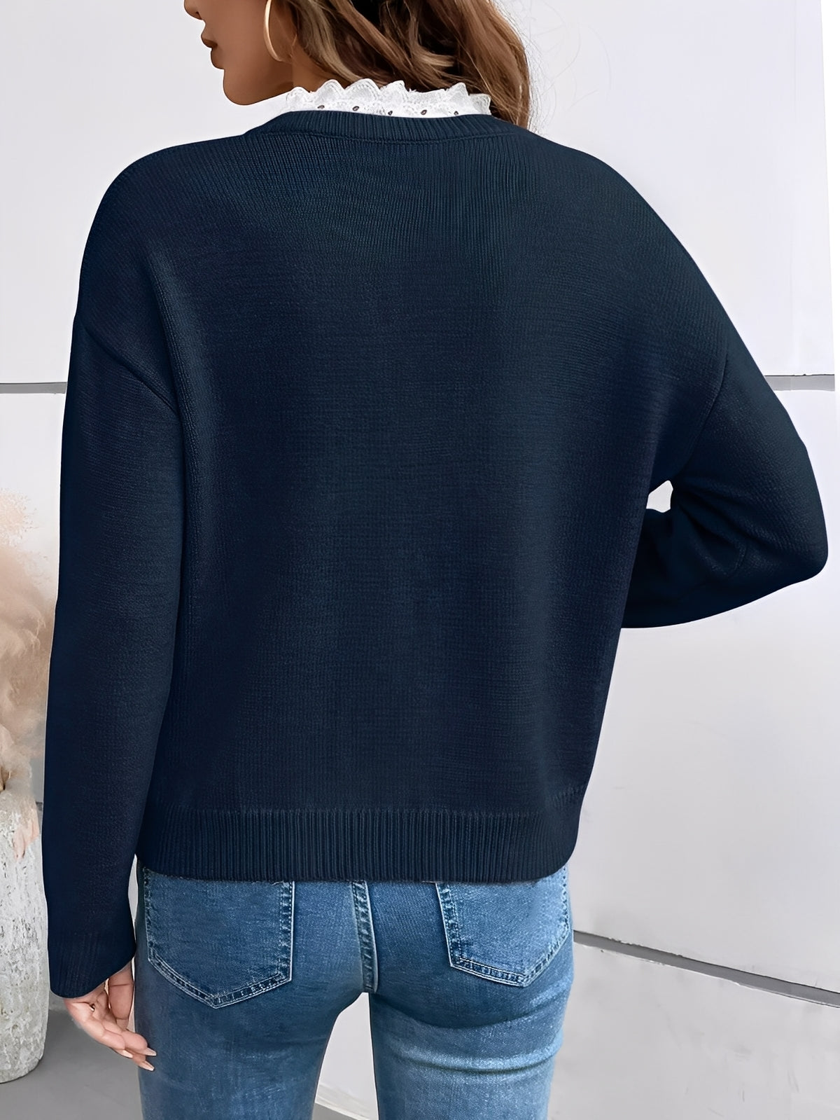 Valenne | Women's Knit V Neck Sweater with Lace Collar