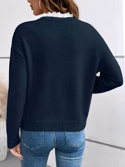 Valenne | Women's Knit V Neck Sweater with Lace Collar