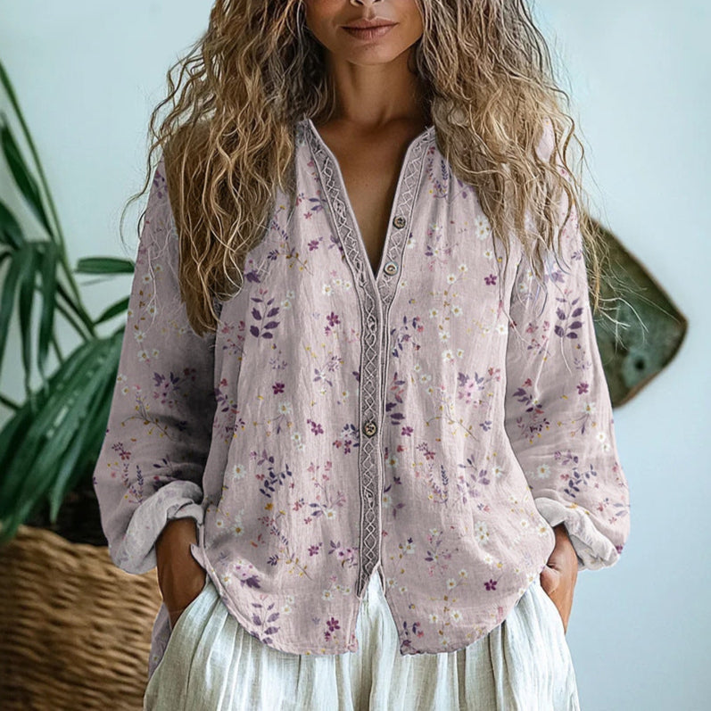 Cerynne | Women's Vintage Floral V Neck Long Sleeve Blouse