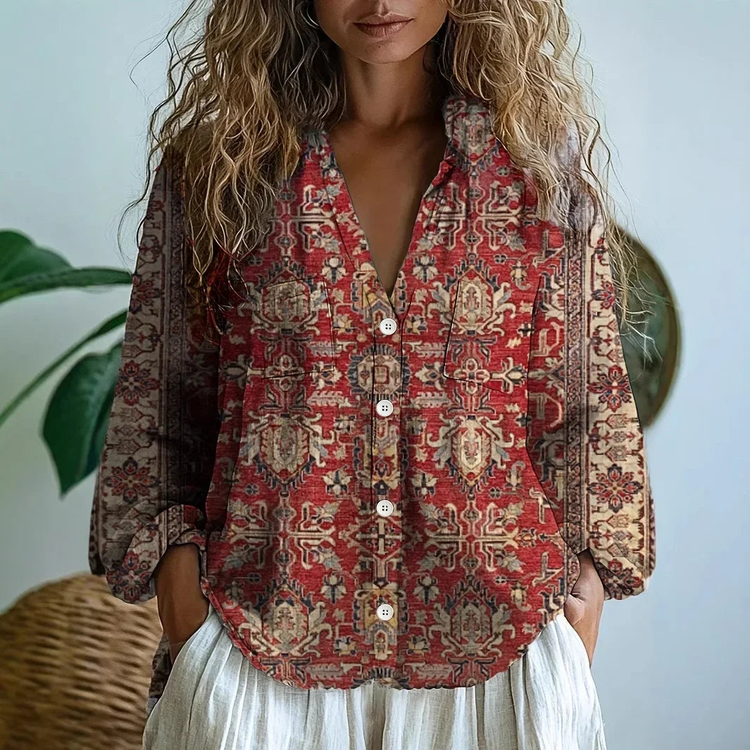 Cerynne | Women's Vintage Floral V Neck Long Sleeve Blouse