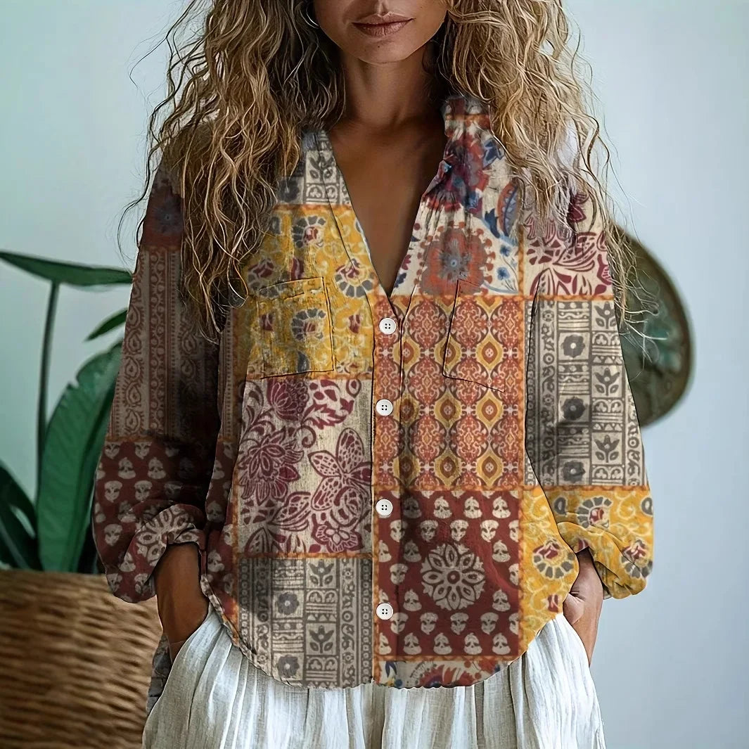 Cerynne | Women's Vintage Floral V Neck Long Sleeve Blouse