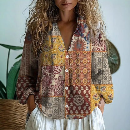 Cerynne | Women's Vintage Floral V Neck Long Sleeve Blouse