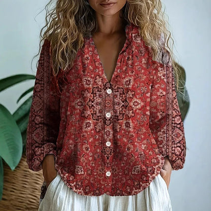 Cerynne | Women's Vintage Floral V Neck Long Sleeve Blouse