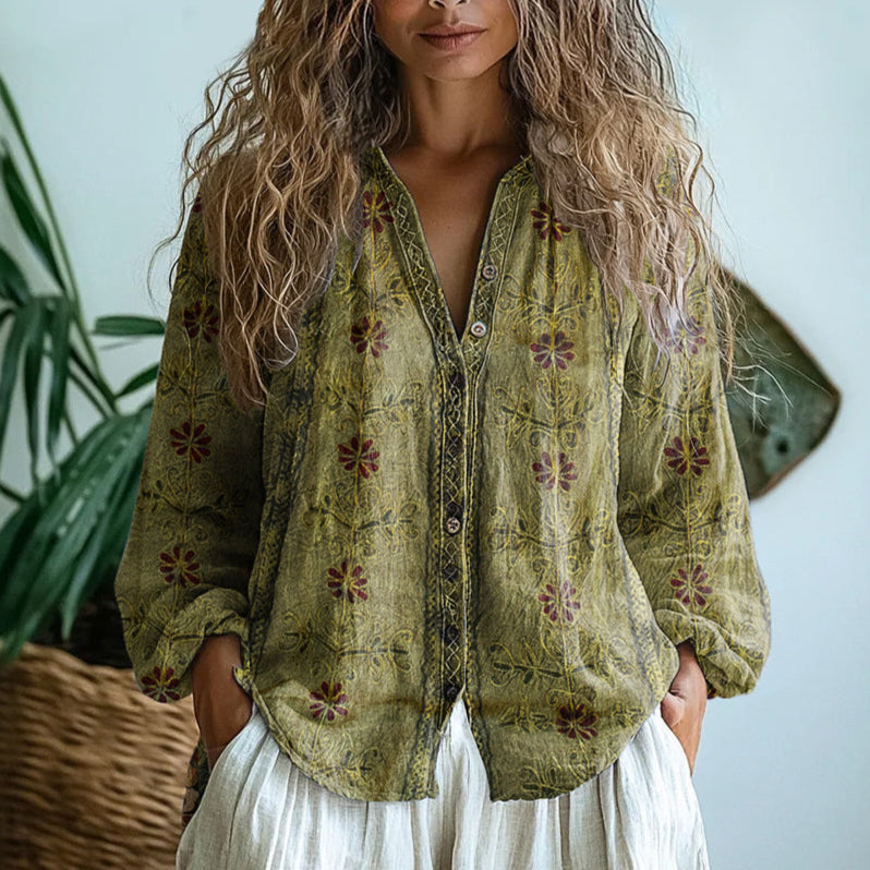 Cerynne | Women's Vintage Floral V Neck Long Sleeve Blouse
