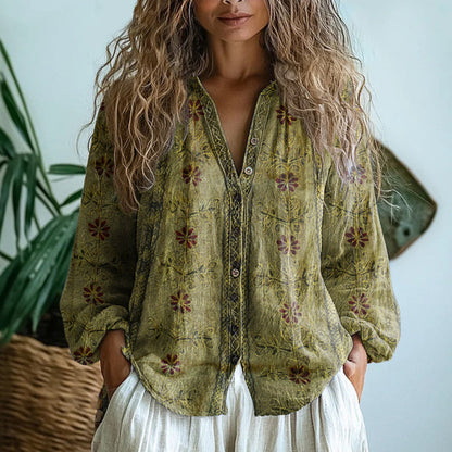 Cerynne | Women's Vintage Floral V Neck Long Sleeve Blouse