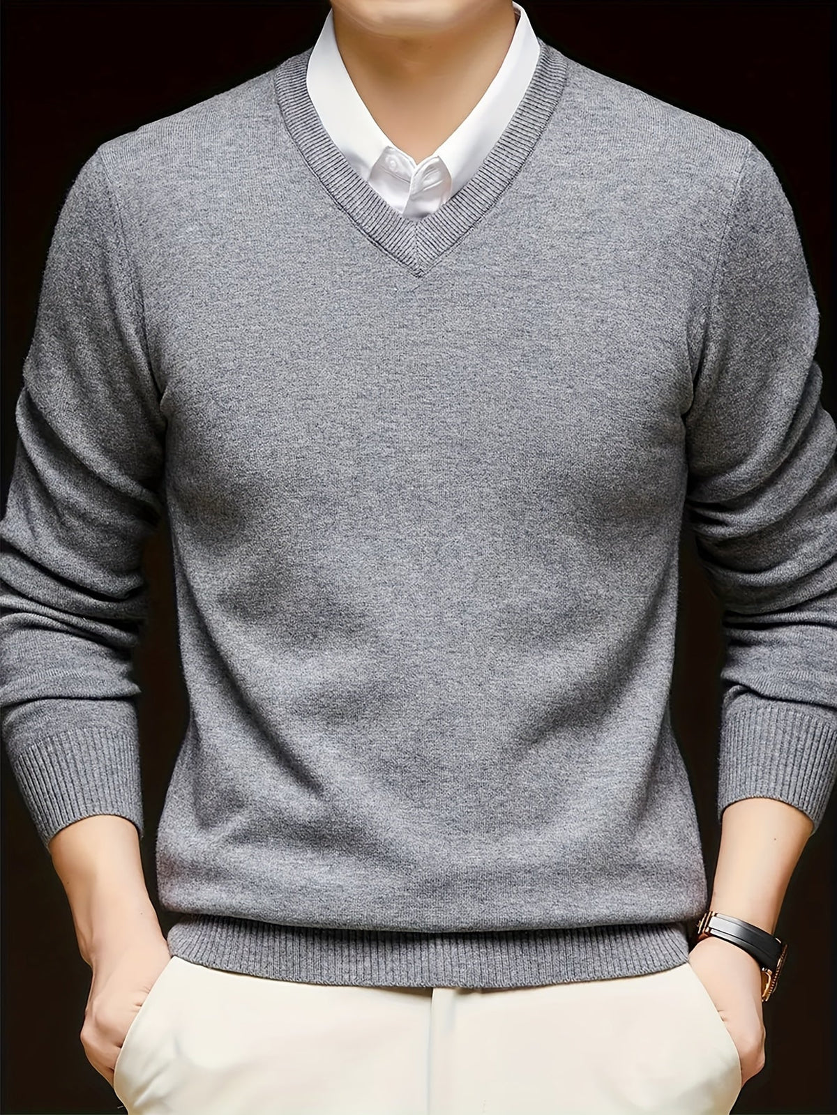 Varell | Men's V Neck Ribbed Trim Knit Sweater