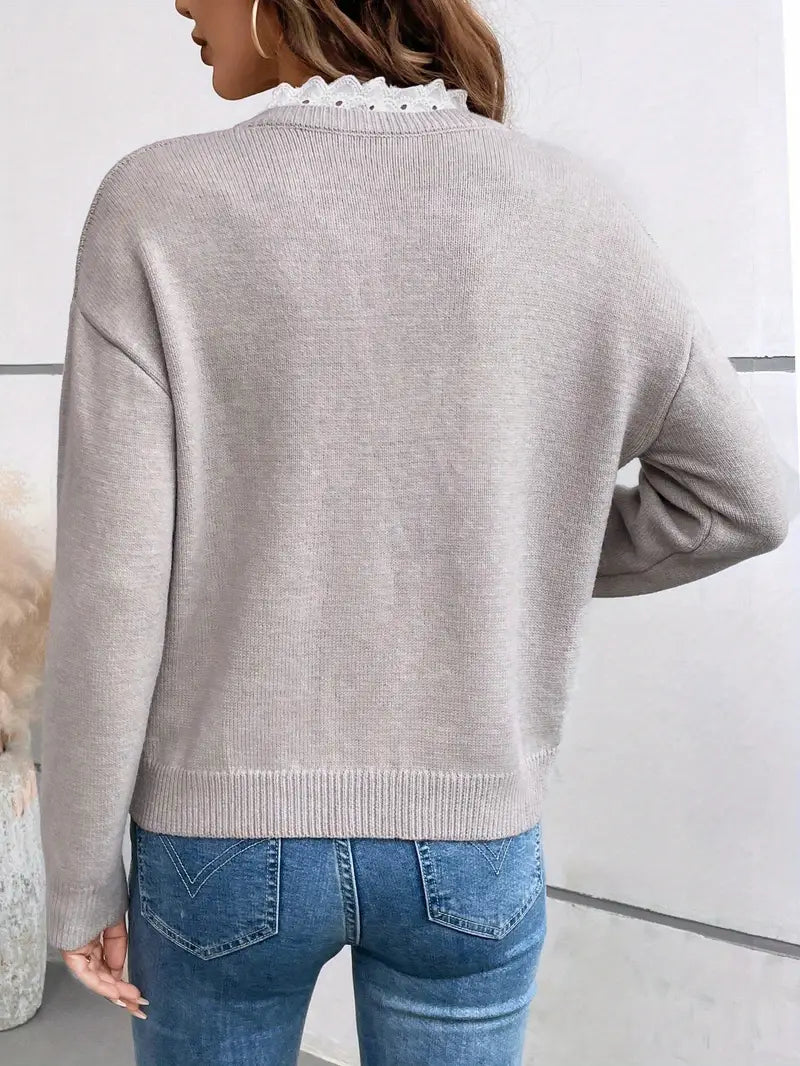 Valenne | Women's Knit V Neck Sweater with Lace Collar