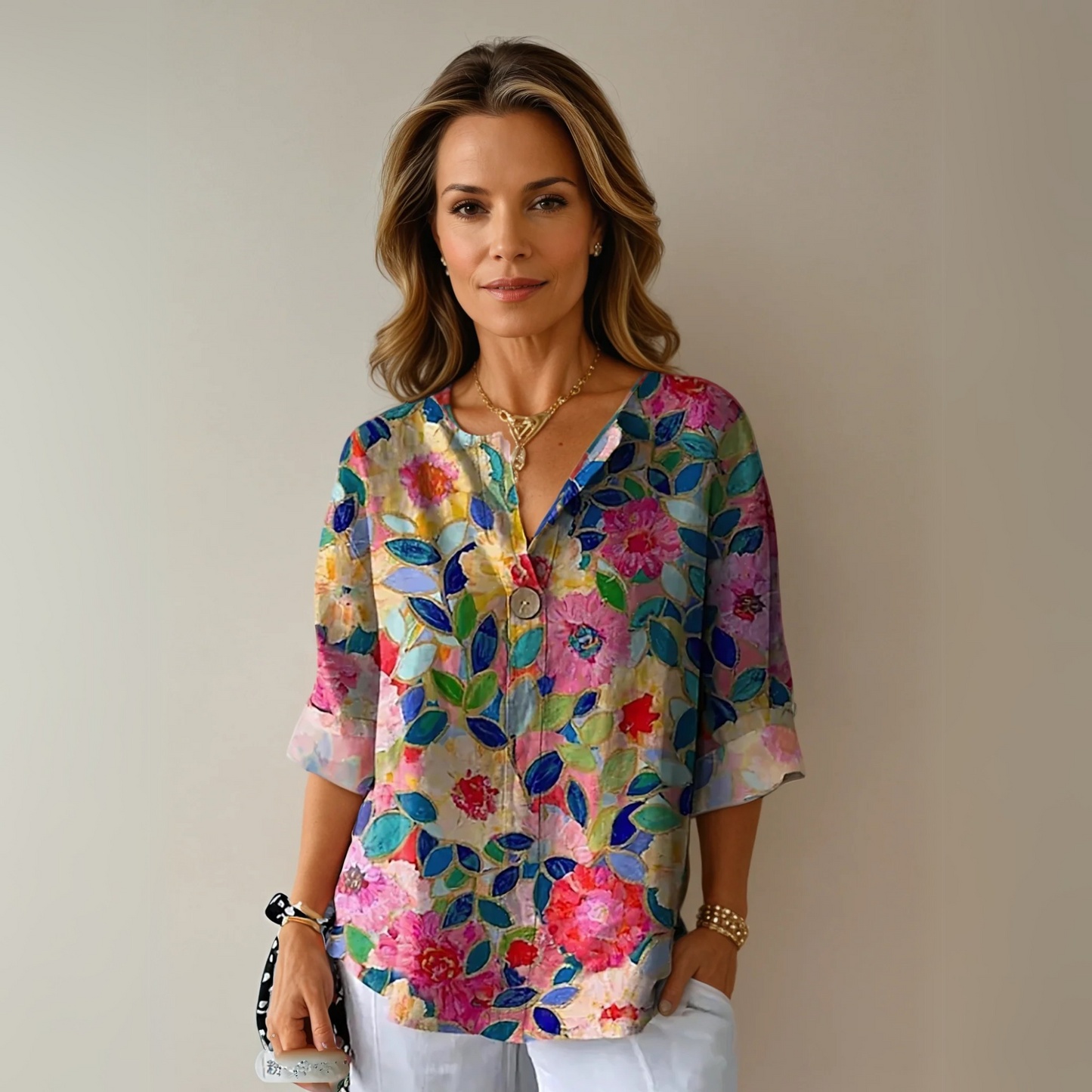 Maevra | Women's Floral Print V Neck Short Sleeve Blouse