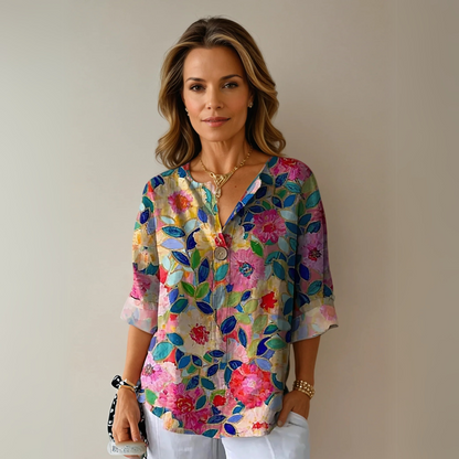 Maevra | Women's Floral Print V Neck Short Sleeve Blouse