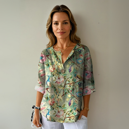 Maevra | Women's Floral Print V Neck Short Sleeve Blouse