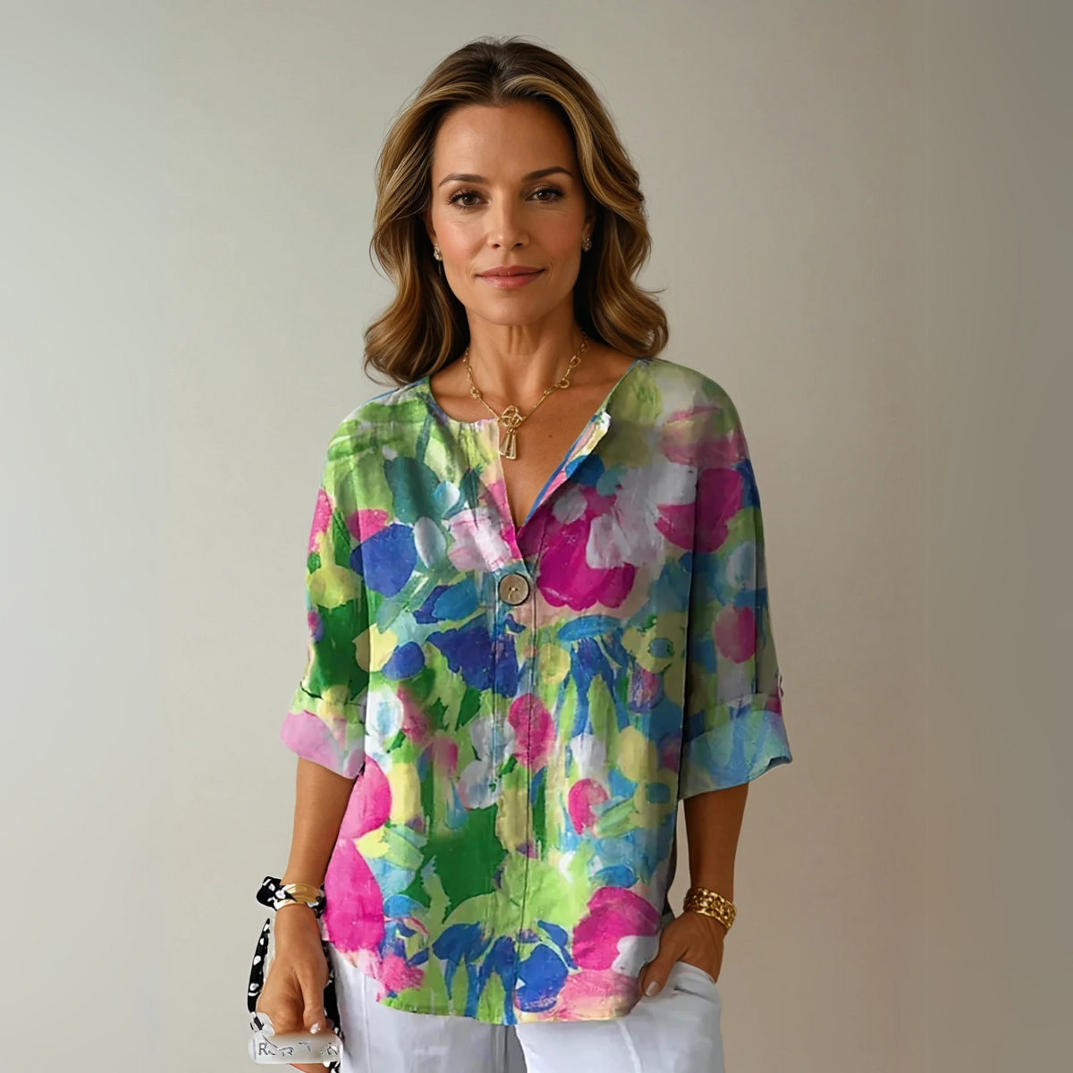 Maevra | Women's Floral Print V Neck Short Sleeve Blouse