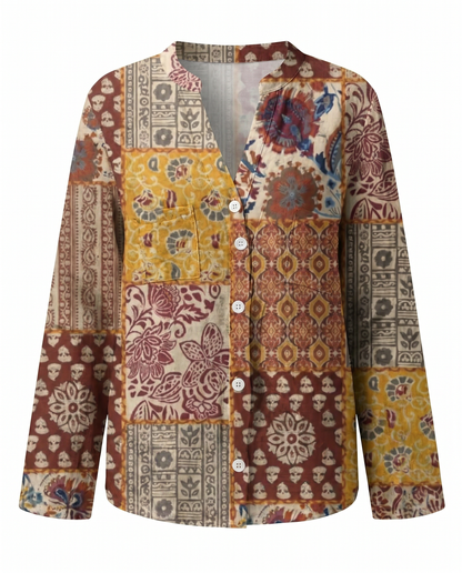 Cerynne | Women's Vintage Floral V Neck Long Sleeve Blouse