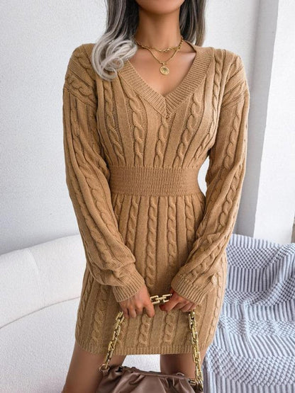 Shelly | Women's Cable Knit V Neck Mini Sweater Dress