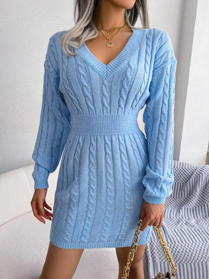 Shelly | Women's Cable Knit V Neck Mini Sweater Dress