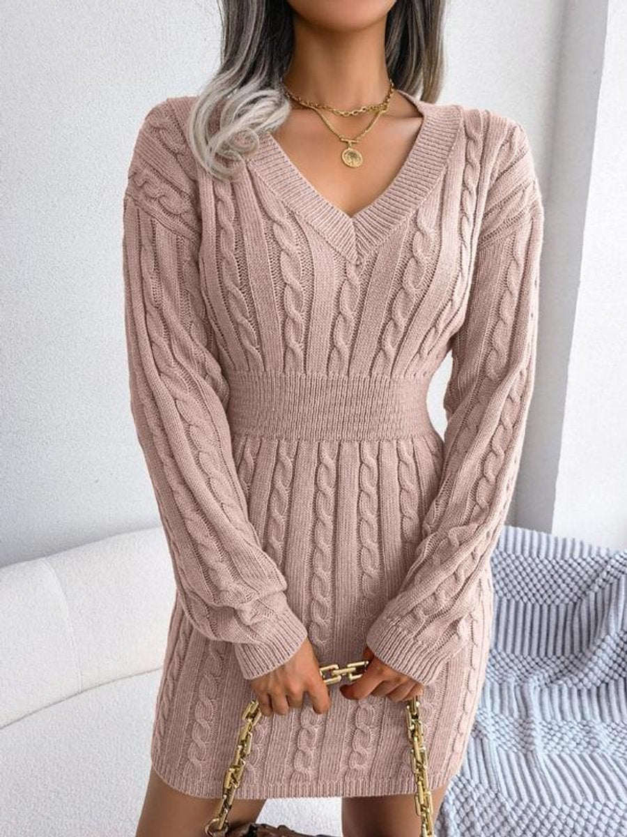 Shelly | Women's Cable Knit V Neck Mini Sweater Dress