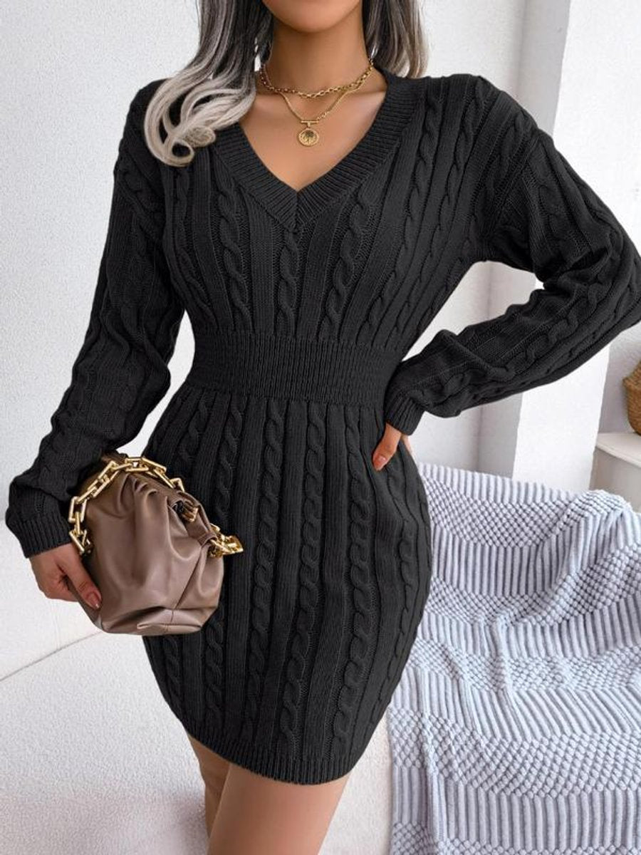 Shelly | Women's Cable Knit V Neck Mini Sweater Dress