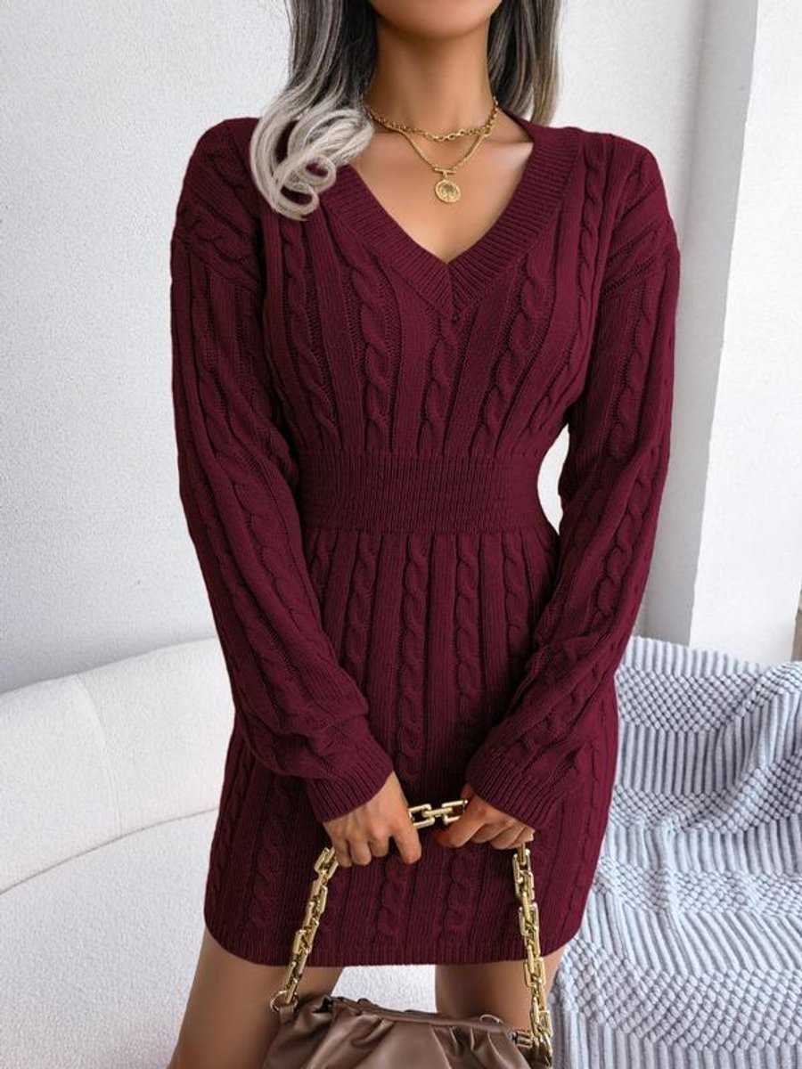 Shelly | Women's Cable Knit V Neck Mini Sweater Dress