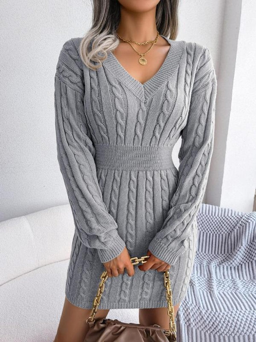 Shelly | Women's Cable Knit V Neck Mini Sweater Dress