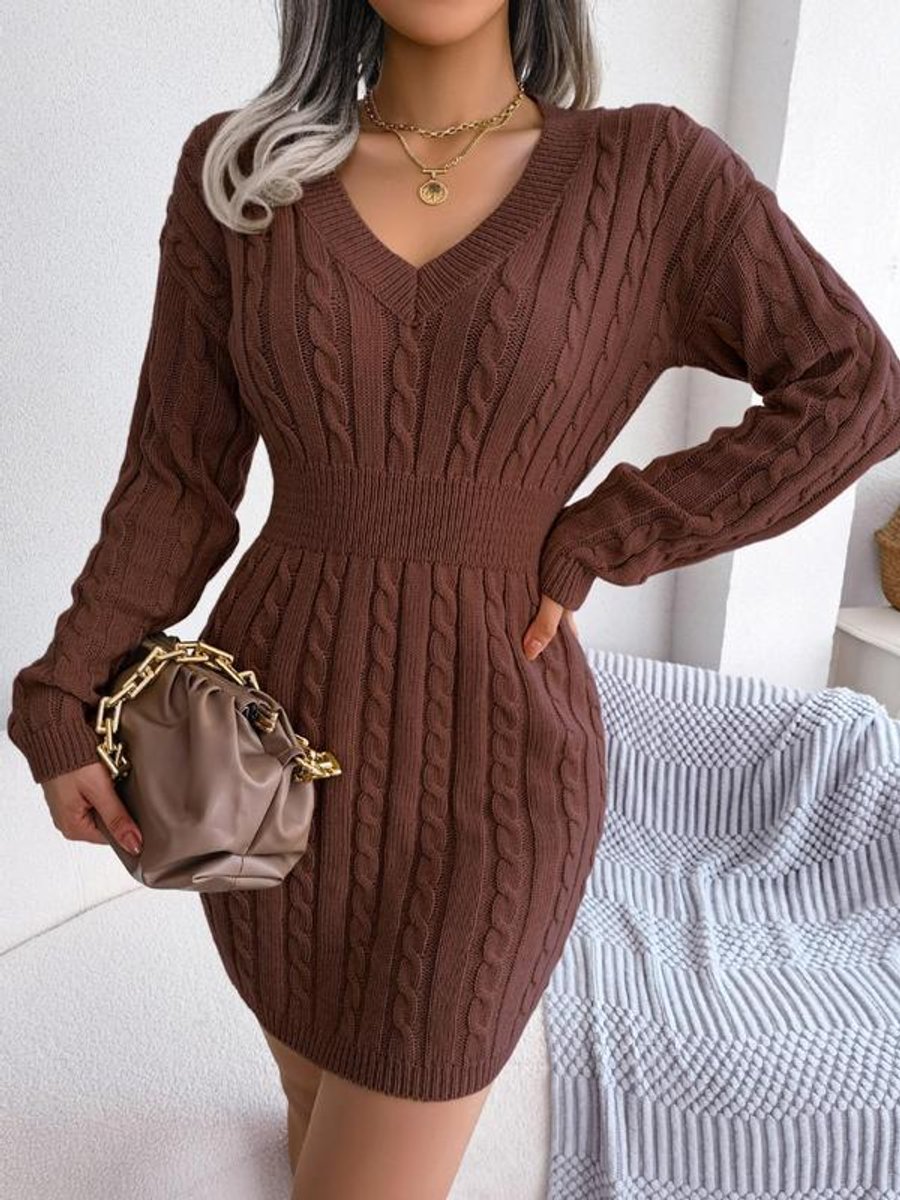 Shelly | Women's Cable Knit V Neck Mini Sweater Dress