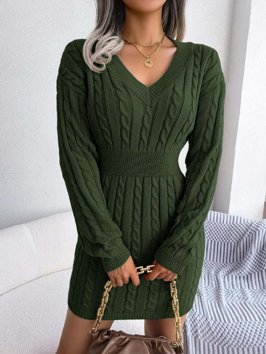 Shelly | Women's Cable Knit V Neck Mini Sweater Dress