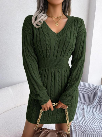 Shelly | Women's Cable Knit V Neck Mini Sweater Dress