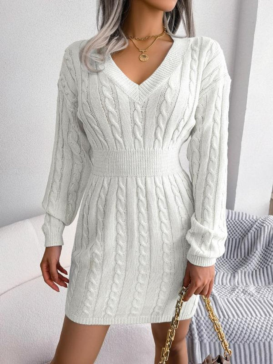 Shelly | Women's Cable Knit V Neck Mini Sweater Dress