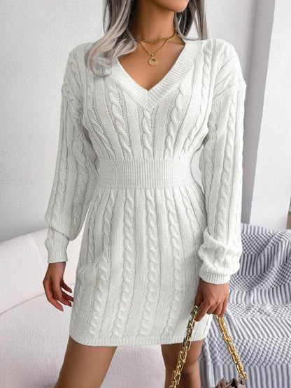 Shelly | Women's Cable Knit V Neck Mini Sweater Dress