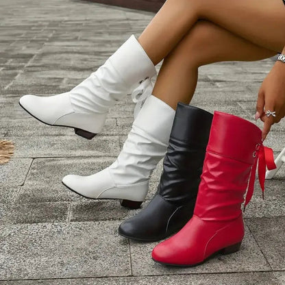 Francine | Women's Slouchy Mid Calf Boots with Ribbon Tie