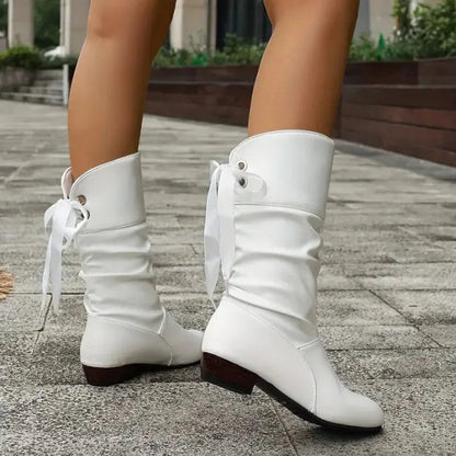 Francine | Women's Slouchy Mid Calf Boots with Ribbon Tie
