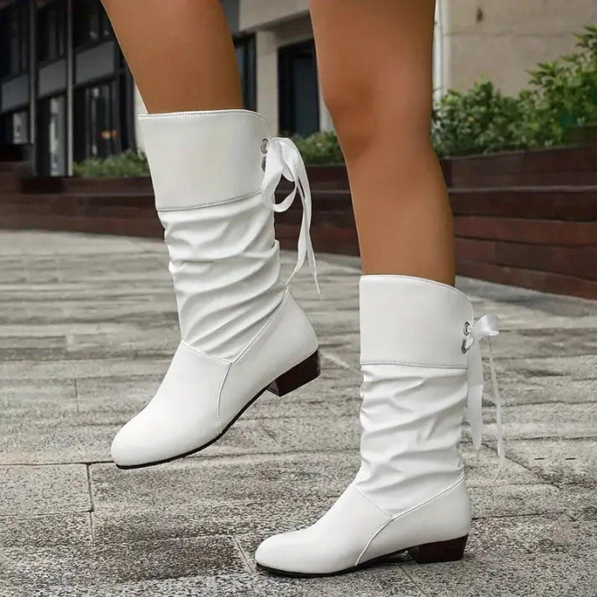 Francine | Women's Slouchy Mid Calf Boots with Ribbon Tie