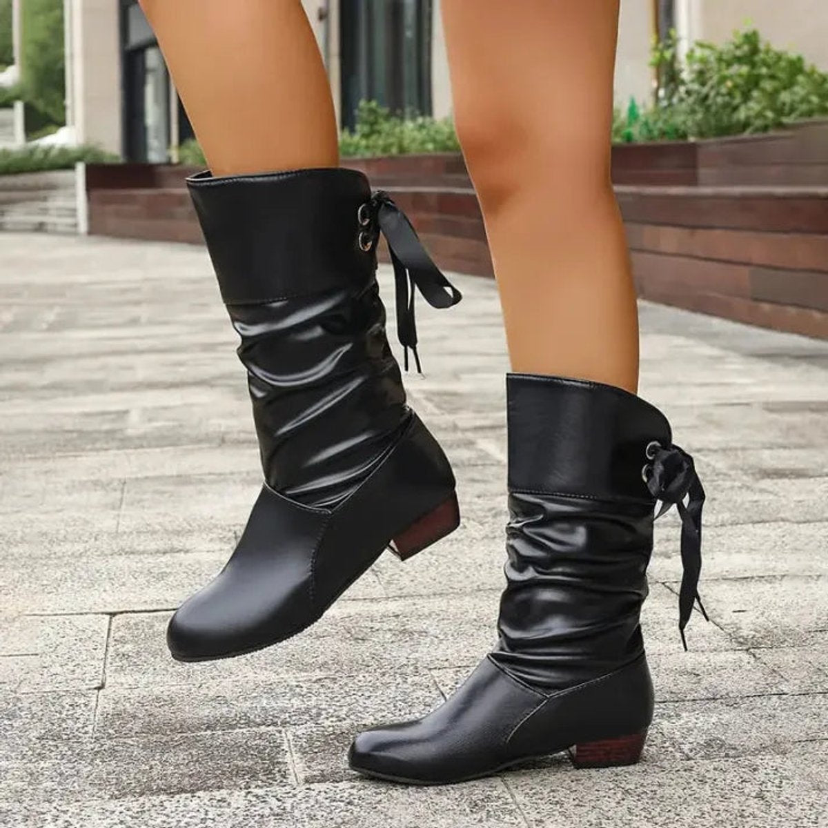Francine | Women's Slouchy Mid Calf Boots with Ribbon Tie