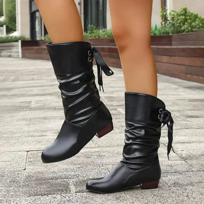 Francine | Women's Slouchy Mid Calf Boots with Ribbon Tie