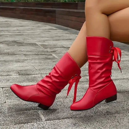 Francine | Women's Slouchy Mid Calf Boots with Ribbon Tie